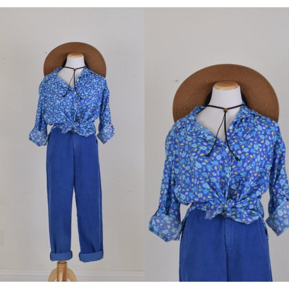 Vintage 80s Poly/Cotton Blue Floral Print Blouse | size Large - Picture 1 of 10